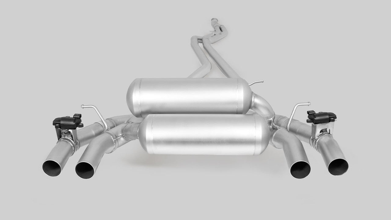 Remus Exhaust Non-Resonated Cat back System Left/Right with Integrated valves including a Remus Exhaust Sound Controller Module with 4 tail pipes 98 mm Black Chrome, straight, carbon insert - 2 Series F87 M2 272 kW N55B30A 2016-
